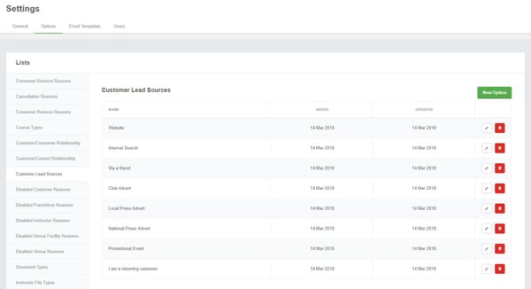 Settings table