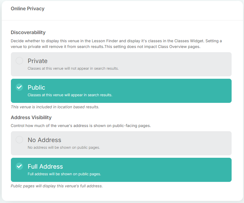 Private Venues Settings Screenshot