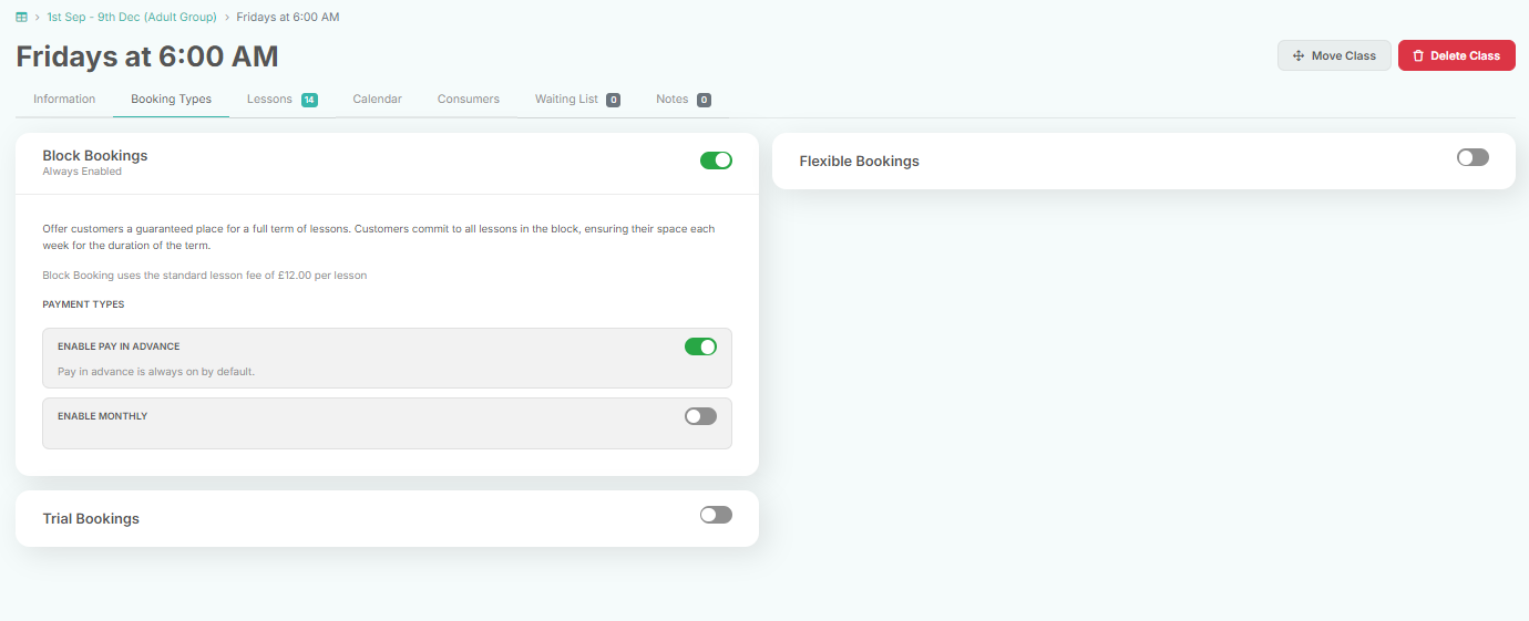 Booking Types tab within a Class showing Block, Flexible and Trial sections with Trial sliders